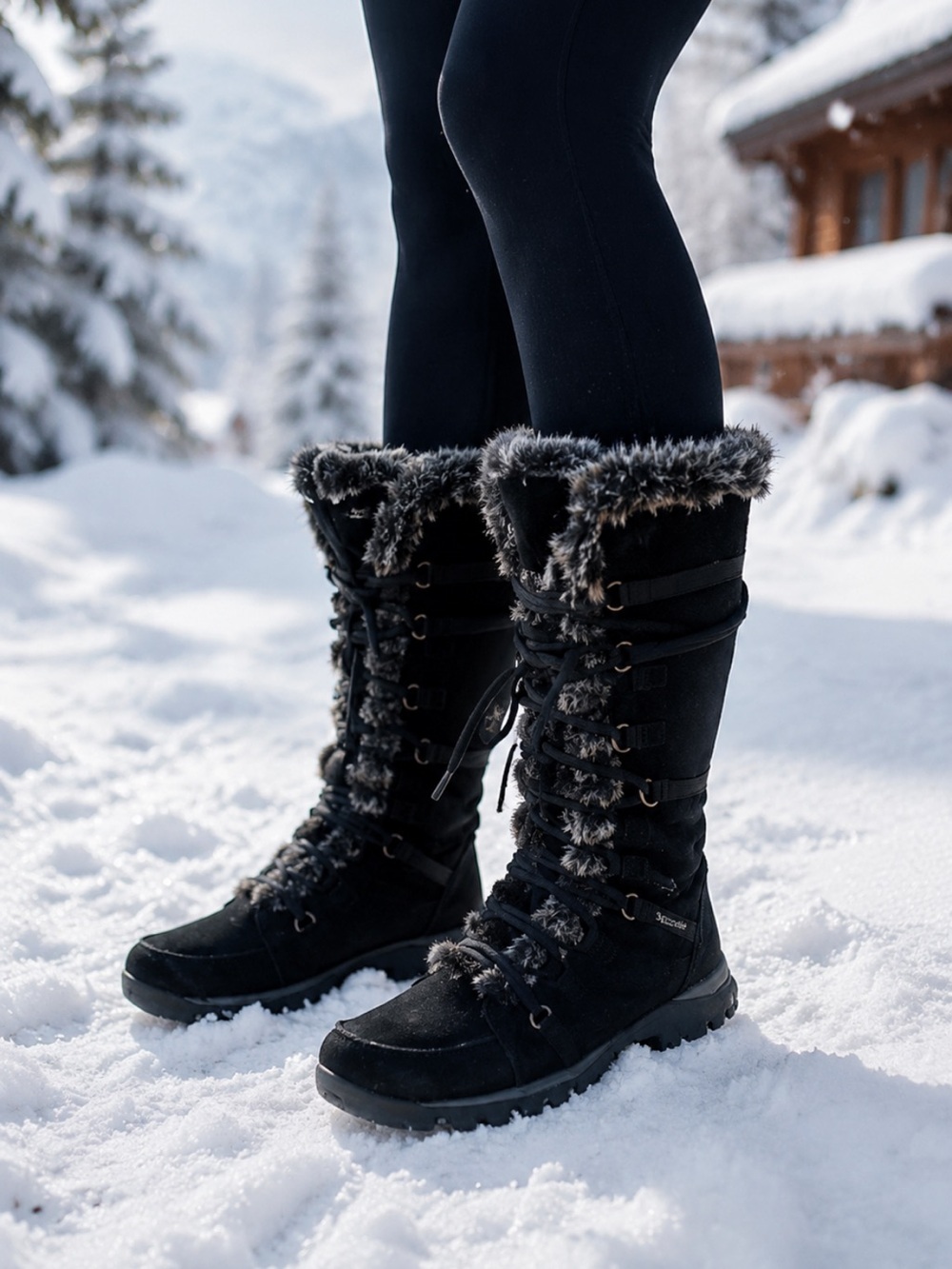 Skechers Black Suède Faux-Fur Lace-Up Tall winter Boots❤️9